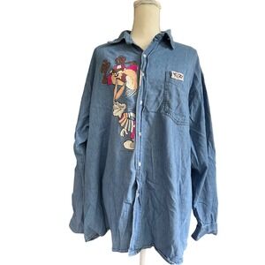 Rare Vintage Looney Tunes Bugs Bunny Taz Denim Shirt XL Warner Bros 1994 Cartoon